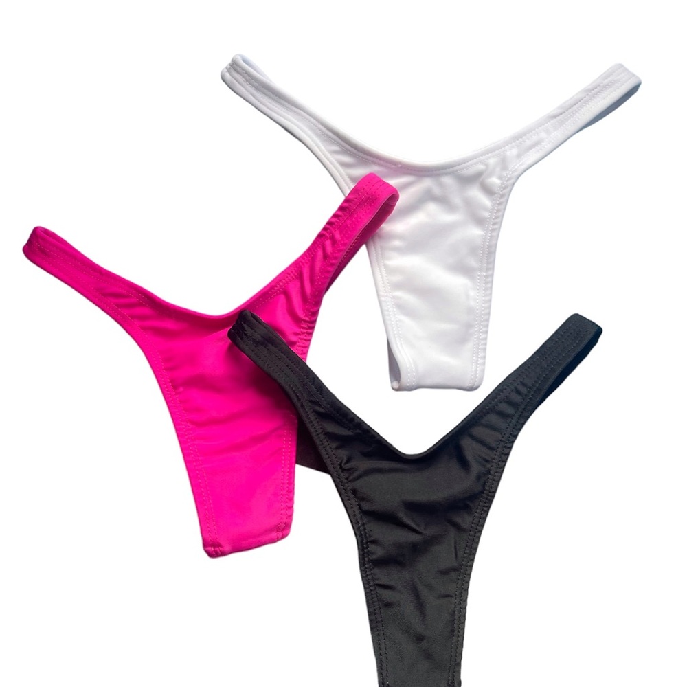 Trendy Thong Brazilian Bikini Bottoms - Pink, White, Black